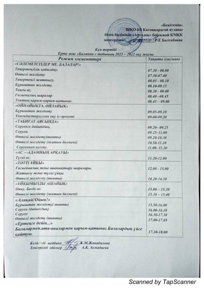 Айгөлек бөбекжай балабақшасының күн тәртібі